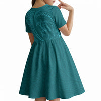 Hawaiian Turtle and Shark Kid Short Sleeve Dress Kakau Tribal with Polynesian Pattern Turquoise Color