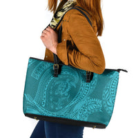 Hawaiian Turtle and Shark Leather Tote Bag Kakau Tribal with Polynesian Pattern Turquoise Color