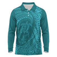 Hawaiian Turtle and Shark Long Sleeve Polo Shirt Kakau Tribal with Polynesian Pattern Turquoise Color