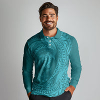 Hawaiian Turtle and Shark Long Sleeve Polo Shirt Kakau Tribal with Polynesian Pattern Turquoise Color