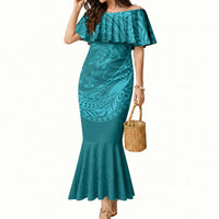 Hawaiian Turtle and Shark Mermaid Dress Kakau Tribal with Polynesian Pattern Turquoise Color LT03 Women Turquoise - Polynesian Pride