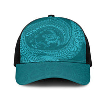 Hawaiian Turtle and Shark Mesh Trucker Cap Kakau Tribal with Polynesian Pattern Turquoise Color