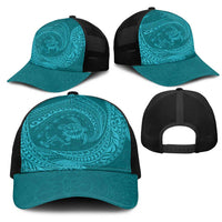Hawaiian Turtle and Shark Mesh Trucker Cap Kakau Tribal with Polynesian Pattern Turquoise Color