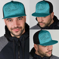 Hawaiian Turtle and Shark Mesh Trucker Cap Kakau Tribal with Polynesian Pattern Turquoise Color