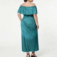 Hawaiian Turtle and Shark Off Shoulder Maxi Dress Kakau Tribal with Polynesian Pattern Turquoise Color