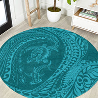 Hawaiian Turtle and Shark Round Carpet Kakau Tribal with Polynesian Pattern Turquoise Color