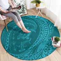 Hawaiian Turtle and Shark Round Carpet Kakau Tribal with Polynesian Pattern Turquoise Color