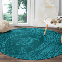 Hawaiian Turtle and Shark Round Carpet Kakau Tribal with Polynesian Pattern Turquoise Color