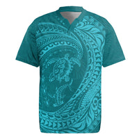 Hawaiian Turtle and Shark Rugby Jersey Kakau Tribal with Polynesian Pattern Turquoise Color