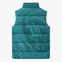 Hawaiian Turtle and Shark Sleeveless Puffer Jacket Kakau Tribal with Polynesian Pattern Turquoise Color