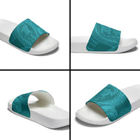 Hawaiian Turtle and Shark Slide Sandals Kakau Tribal with Polynesian Pattern Turquoise Color