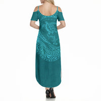 Hawaiian Turtle and Shark Summer Maxi Dress Kakau Tribal with Polynesian Pattern Turquoise Color