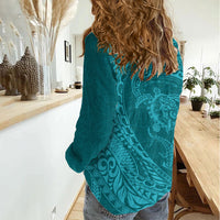 Hawaiian Turtle and Shark Women Casual Shirt Kakau Tribal with Polynesian Pattern Turquoise Color