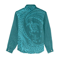 Hawaiian Turtle and Shark Women Casual Shirt Kakau Tribal with Polynesian Pattern Turquoise Color