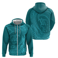 Hawaiian Turtle and Shark Zip Hoodie Kakau Tribal with Polynesian Pattern Turquoise Color