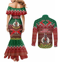 Vanuatu Christmas Couples Matching Mermaid Dress and Long Sleeve Button Shirts Pig Tusk Beautiful Merry Xmas Snowflake LT03 - Polynesian Pride