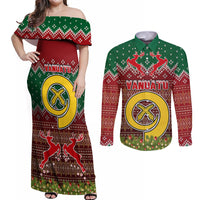 Vanuatu Christmas Couples Matching Off Shoulder Maxi Dress and Long Sleeve Button Shirts Pig Tusk Beautiful Merry Xmas Snowflake LT03 Red - Polynesian Pride
