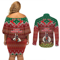 Vanuatu Christmas Couples Matching Off Shoulder Short Dress and Long Sleeve Button Shirts Pig Tusk Beautiful Merry Xmas Snowflake LT03 - Polynesian Pride