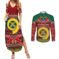 Vanuatu Christmas Couples Matching Summer Maxi Dress and Long Sleeve Button Shirts Pig Tusk Beautiful Merry Xmas Snowflake LT03 Red - Polynesian Pride