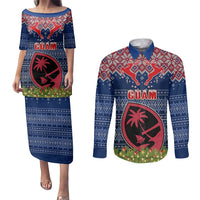 Guam Christmas Couples Matching Puletasi Dress and Long Sleeve Button Shirts Chamorro Guam Tattoos Beautiful Merry Xmas Snowflake LT03 Blue - Polynesian Pride