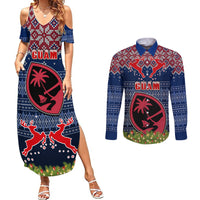 Guam Christmas Couples Matching Summer Maxi Dress and Long Sleeve Button Shirts Chamorro Guam Tattoos Beautiful Merry Xmas Snowflake LT03 Blue - Polynesian Pride