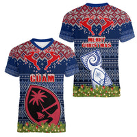 Guam Christmas Women V Neck T Shirt Chamorro Guam Tattoos Beautiful Merry Xmas Snowflake LT03 - Polynesian Pride
