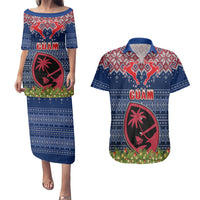 Personalised Guam Christmas Couples Matching Puletasi Dress and Hawaiian Shirt Chamorro Guam Tattoos Beautiful Merry Xmas Snowflake LT03 Blue - Polynesian Pride