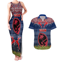 Personalised Guam Christmas Couples Matching Tank Maxi Dress and Hawaiian Shirt Chamorro Guam Tattoos Beautiful Merry Xmas Snowflake LT03 Blue - Polynesian Pride
