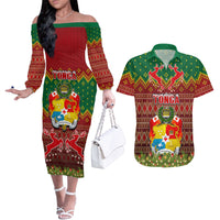 Tonga Christmas Couples Matching Off The Shoulder Long Sleeve Dress and Hawaiian Shirt Coat of Arms and Map Beautiful Merry Xmas Snowflake LT03 Red - Polynesian Pride
