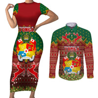 Personalised Tonga Christmas Couples Matching Short Sleeve Bodycon Dress and Long Sleeve Button Shirts Coat of Arms and Map Beautiful Merry Xmas Snowflake LT03 Red - Polynesian Pride