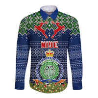 Personalised Niue Christmas Long Sleeve Button Shirt Coat of Arms and Map Beautiful Merry Xmas Snowflake LT03 Unisex Blue - Polynesian Pride