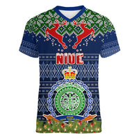 Personalised Niue Christmas Women V Neck T Shirt Coat of Arms and Map Beautiful Merry Xmas Snowflake LT03 Female Blue - Polynesian Pride