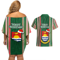 Kiribati Christmas Couples Matching Off Shoulder Short Dress and Hawaiian Shirt Santa With Gift Bag Behind Ribbons Seamless Green Maori LT03 - Polynesian Pride