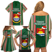 Kiribati Christmas Family Matching Off Shoulder Short Dress and Hawaiian Shirt Santa With Gift Bag Behind Ribbons Seamless Green Maori LT03 - Polynesian Pride