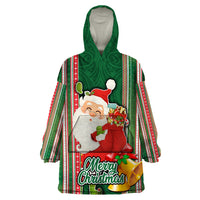 Kiribati Christmas Wearable Blanket Hoodie Santa With Gift Bag Behind Ribbons Seamless Green Maori LT03 One Size Green - Polynesian Pride