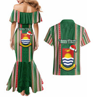 Custom Kiribati Christmas Couples Matching Mermaid Dress and Hawaiian Shirt Santa With Gift Bag Behind Ribbons Seamless Green Maori LT03 - Polynesian Pride
