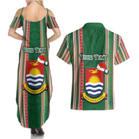 Custom Kiribati Christmas Couples Matching Summer Maxi Dress and Hawaiian Shirt Santa With Gift Bag Behind Ribbons Seamless Green Maori LT03 - Polynesian Pride