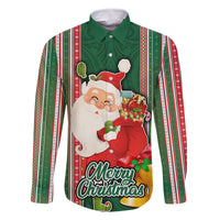 Custom Kiribati Christmas Family Matching Summer Maxi Dress and Hawaiian Shirt Santa With Gift Bag Behind Ribbons Seamless Green Maori LT03 Dad's Shirt - Long Sleeve Green - Polynesian Pride