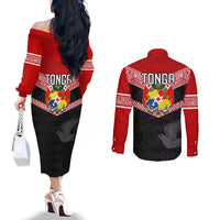 Tonga Couples Matching Off The Shoulder Long Sleeve Dress and Long Sleeve Button Shirts Tonga Coat of Arms with Seamless Tapa Ngatu Pattern LT03 - Polynesian Pride