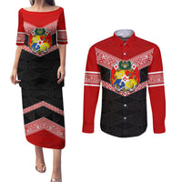 Tonga Couples Matching Puletasi Dress and Long Sleeve Button Shirts Tonga Coat of Arms with Seamless Tapa Ngatu Pattern LT03 Black - Polynesian Pride