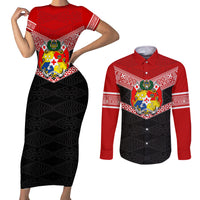 Tonga Couples Matching Short Sleeve Bodycon Dress and Long Sleeve Button Shirts Tonga Coat of Arms with Seamless Tapa Ngatu Pattern LT03 Black - Polynesian Pride