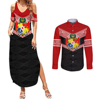 Tonga Couples Matching Summer Maxi Dress and Long Sleeve Button Shirts Tonga Coat of Arms with Seamless Tapa Ngatu Pattern LT03 Black - Polynesian Pride