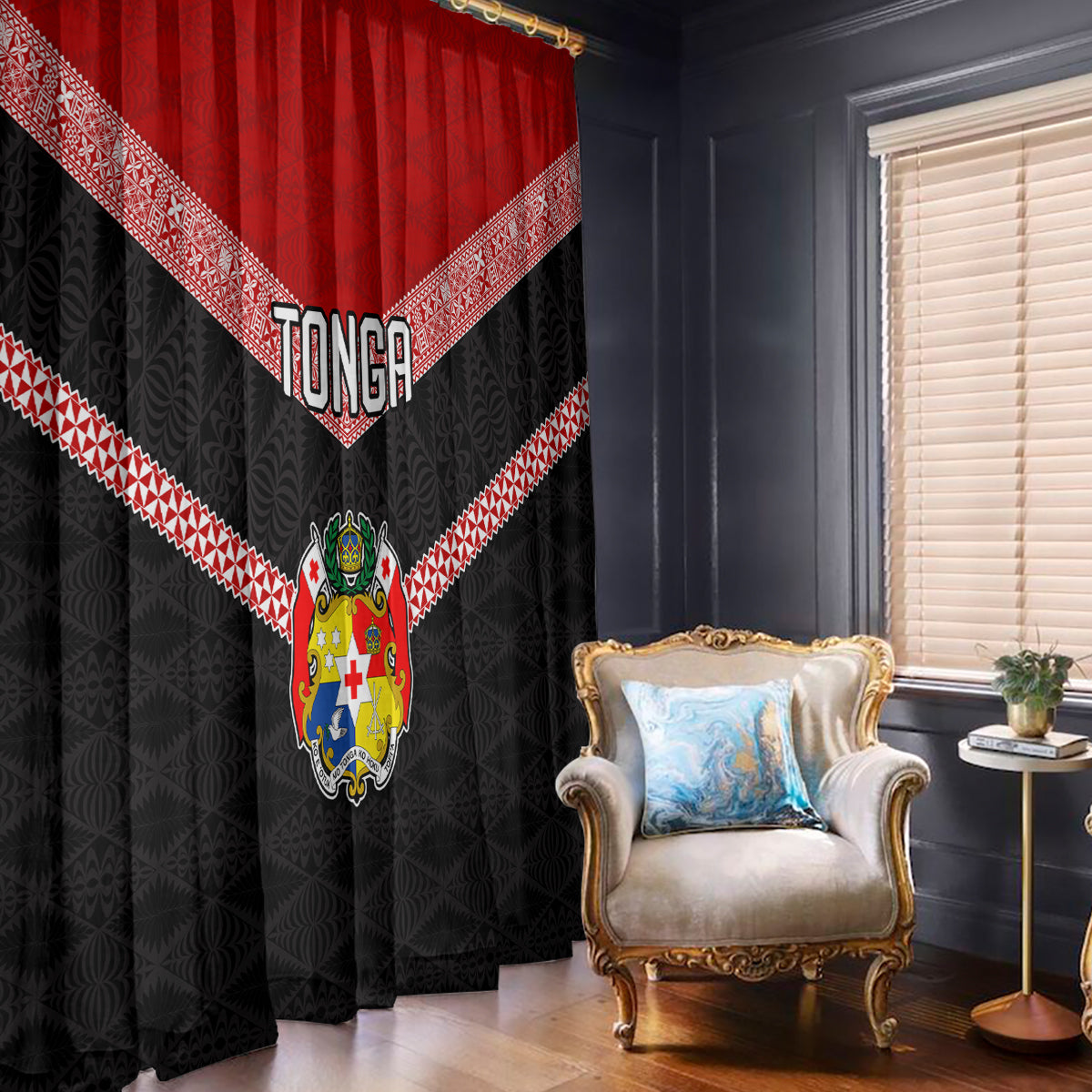 Tonga Window Curtain Tonga Coat of Arms with Seamless Tapa Ngatu Pattern LT03 With Hooks Black - Polynesian Pride