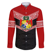 Personalised Tonga Family Matching Summer Maxi Dress and Hawaiian Shirt Tonga Coat of Arms with Seamless Tapa Ngatu Pattern LT03 Dad's Shirt - Long Sleeve Black - Polynesian Pride