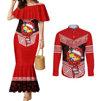 Tonga Christmas Couples Matching Mermaid Dress and Long Sleeve Button Shirts Tongan Coat of Arms Santa With Ngatu Pattern Christmas Red Style LT03 Red - Polynesian Pride