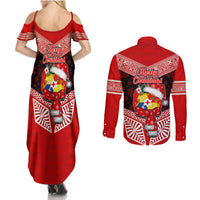 Tonga Christmas Couples Matching Summer Maxi Dress and Long Sleeve Button Shirts Tongan Coat of Arms Santa With Ngatu Pattern Christmas Red Style LT03 - Polynesian Pride