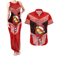 Tonga Christmas Couples Matching Tank Maxi Dress and Hawaiian Shirt Tongan Coat of Arms Santa With Ngatu Pattern Christmas Red Style LT03 Red - Polynesian Pride