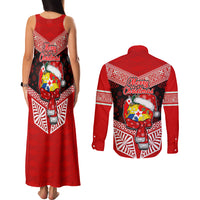 Tonga Christmas Couples Matching Tank Maxi Dress and Long Sleeve Button Shirts Tongan Coat of Arms Santa With Ngatu Pattern Christmas Red Style LT03 - Polynesian Pride