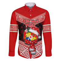 Tonga Christmas Family Matching Long Sleeve Bodycon Dress and Hawaiian Shirt Tongan Coat of Arms Santa With Ngatu Pattern Christmas Red Style LT03 Dad's Shirt - Long Sleeve Red - Polynesian Pride