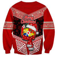 Tonga Christmas Sweatshirt Tongan Coat of Arms Santa With Ngatu Pattern Christmas Red Style LT03 - Polynesian Pride